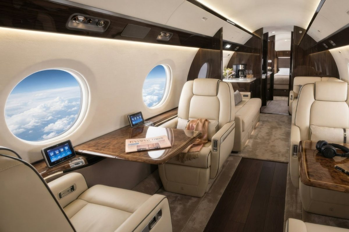 The cabin of a large business jet, with leather seats, a work table and windows