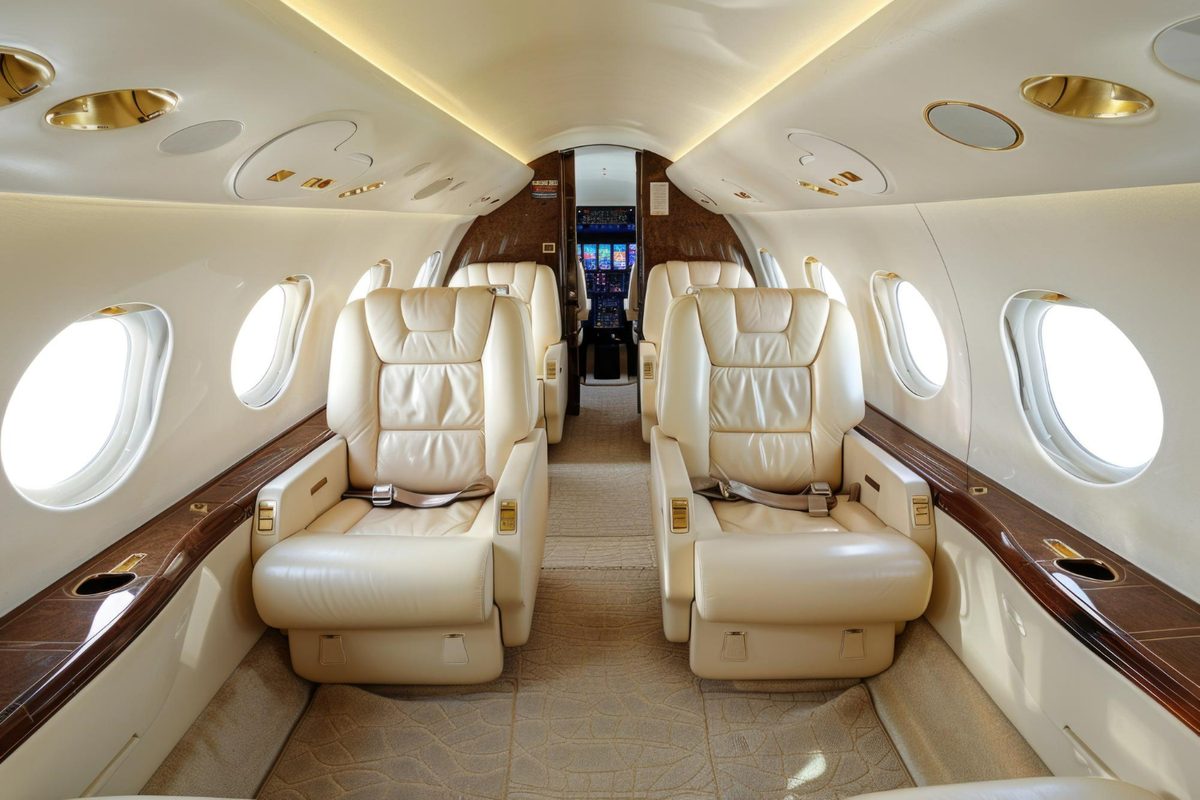 The cabin of a business jet, with cream leather seats and window light