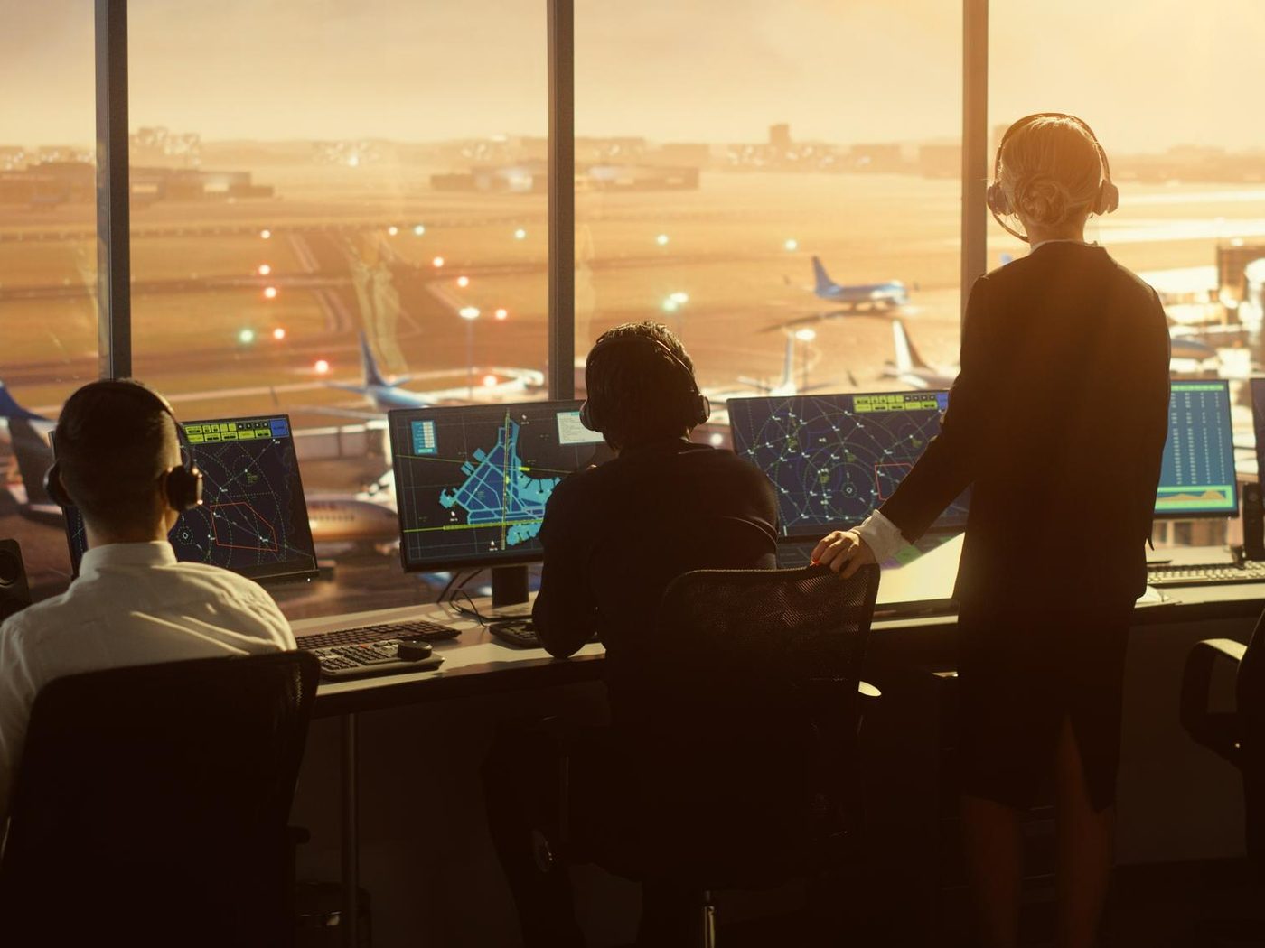 An operations room at golden hour, with staff at their screens and aircraft beyond the glass
