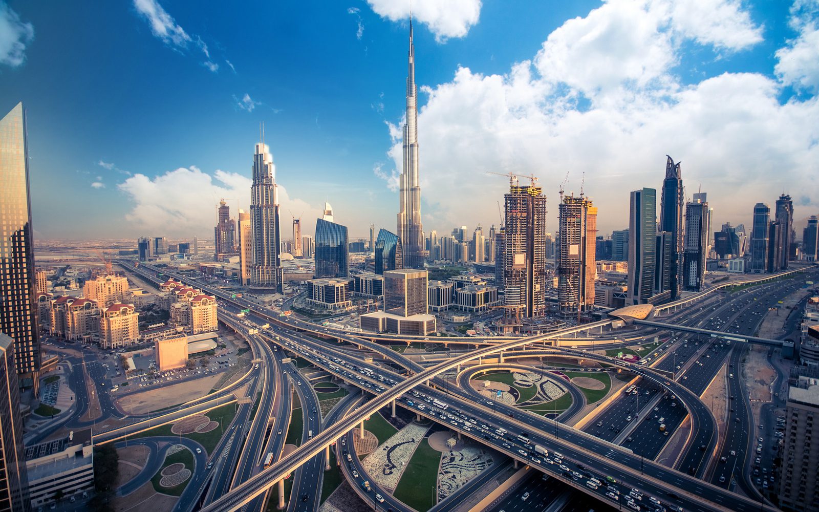 The Dubai skyline and its highways, with the Burj Khalifa