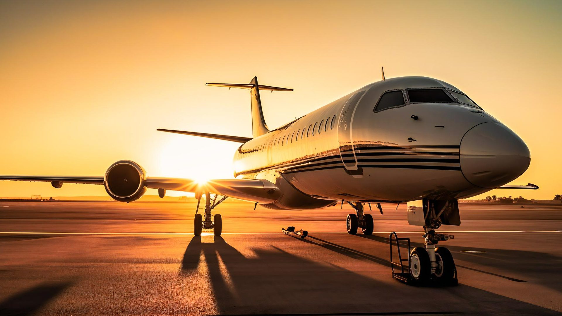 A business jet on the apron at sunset, with the sun behind its wing