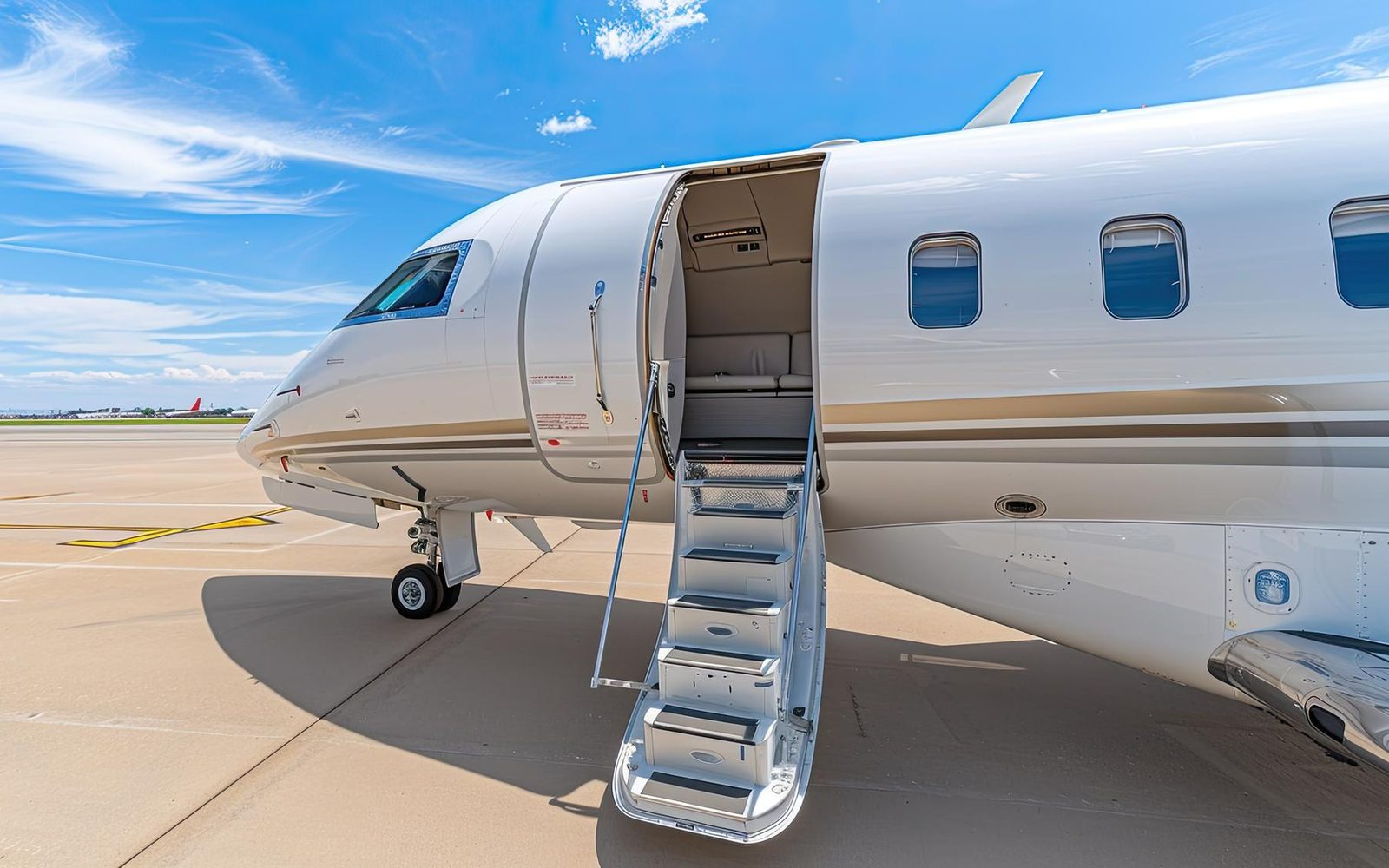 A business jet on the ramp with its cabin door open and the steps down