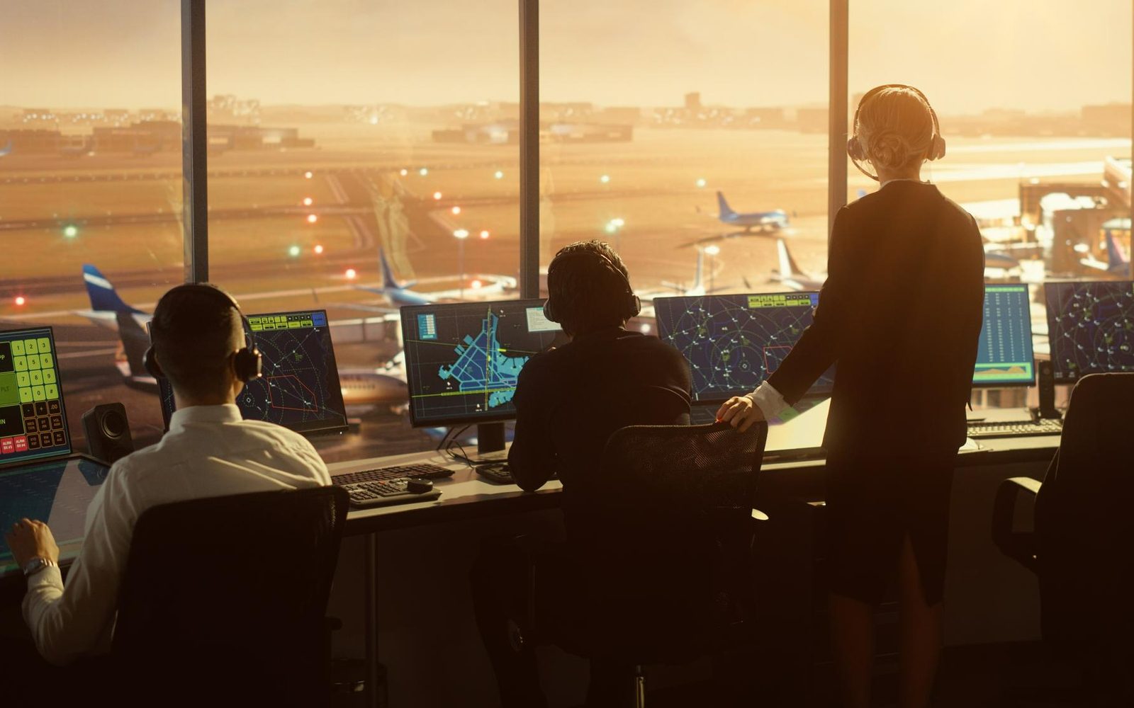 An operations room at golden hour, with staff at their screens and aircraft beyond the glass
