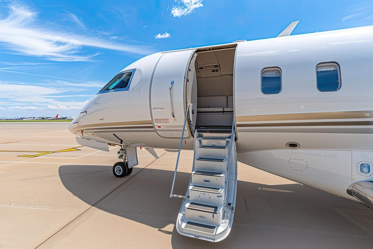 A business jet on the ramp with its cabin door open and the steps down